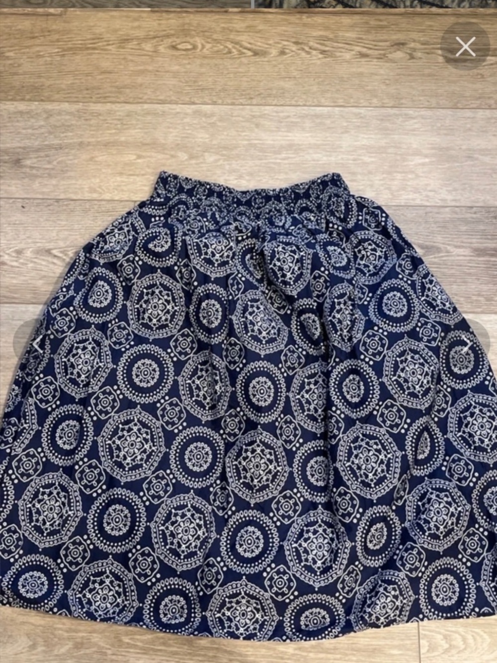 Navy Blue White Geometric Medallion Midi Skirt with Smocked Elastic Waist